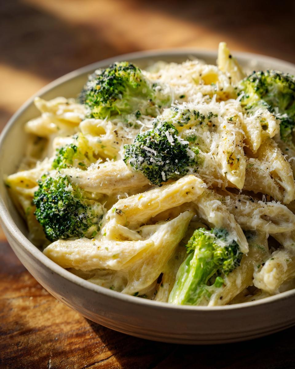 Close-up of creamy broccoli pasta made with penne, covered in a rich sauce, cheese, and fresh broccoli florets.