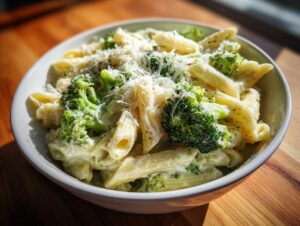 Close-up of a bowl filled with creamy broccoli pasta, topped generously with grated Parmesan cheese.