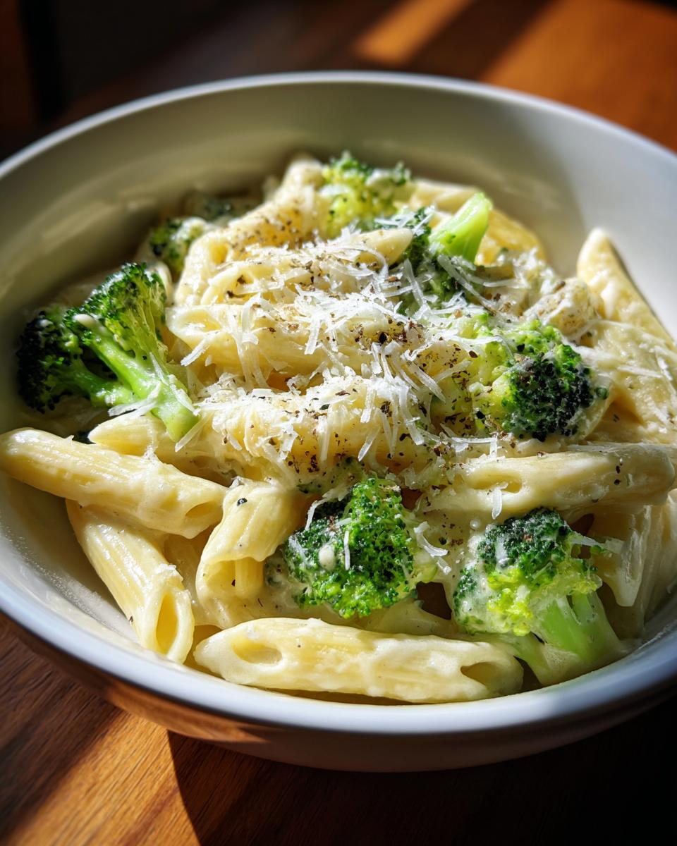 A close-up of creamy broccoli pasta made with penne, topped with grated Parmesan cheese and black pepper.