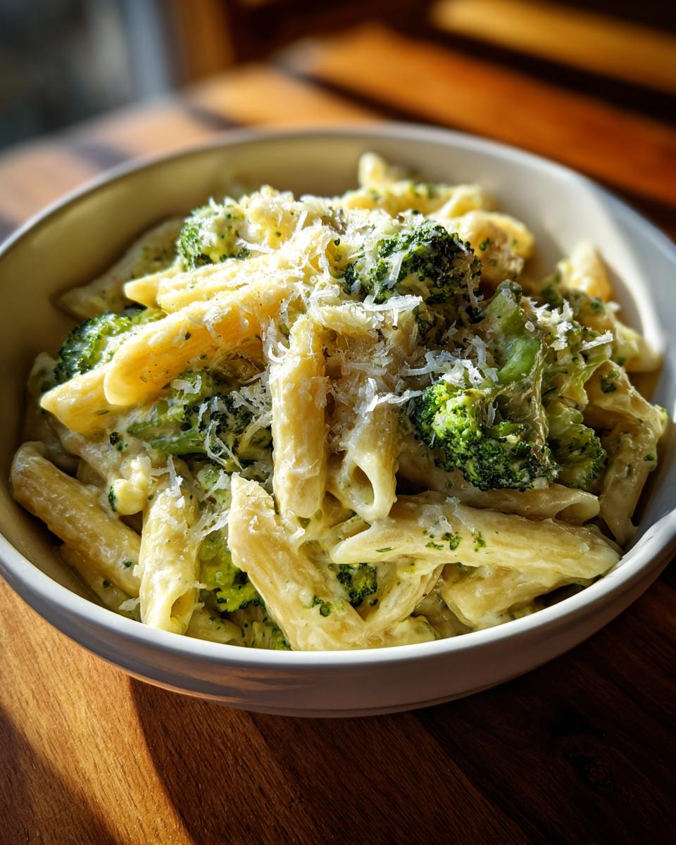 Close-up of creamy broccoli pasta made with penne, topped generously with grated Parmesan cheese.