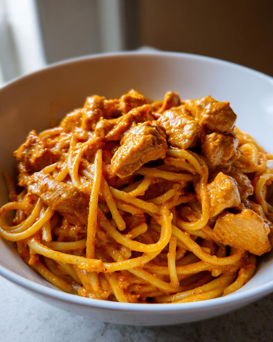 A close-up shot of a white bowl filled with creamy cajun chicken pasta, featuring spaghetti coated in a rich, orange sauce and topped with seasoned chicken pieces.