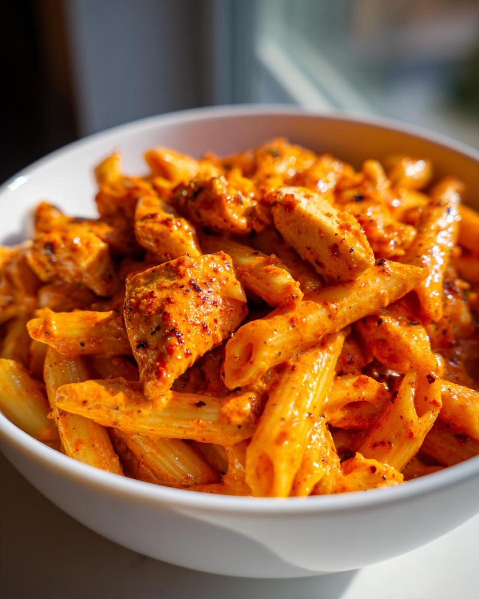 A close-up, brightly lit shot of creamy cajun chicken pasta featuring penne noodles coated in a rich, orange-red sauce with chunks of seasoned chicken.