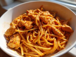 Close-up of a white bowl filled with creamy cajun chicken pasta, featuring pasta coated in an orange sauce and chunks of seasoned chicken.