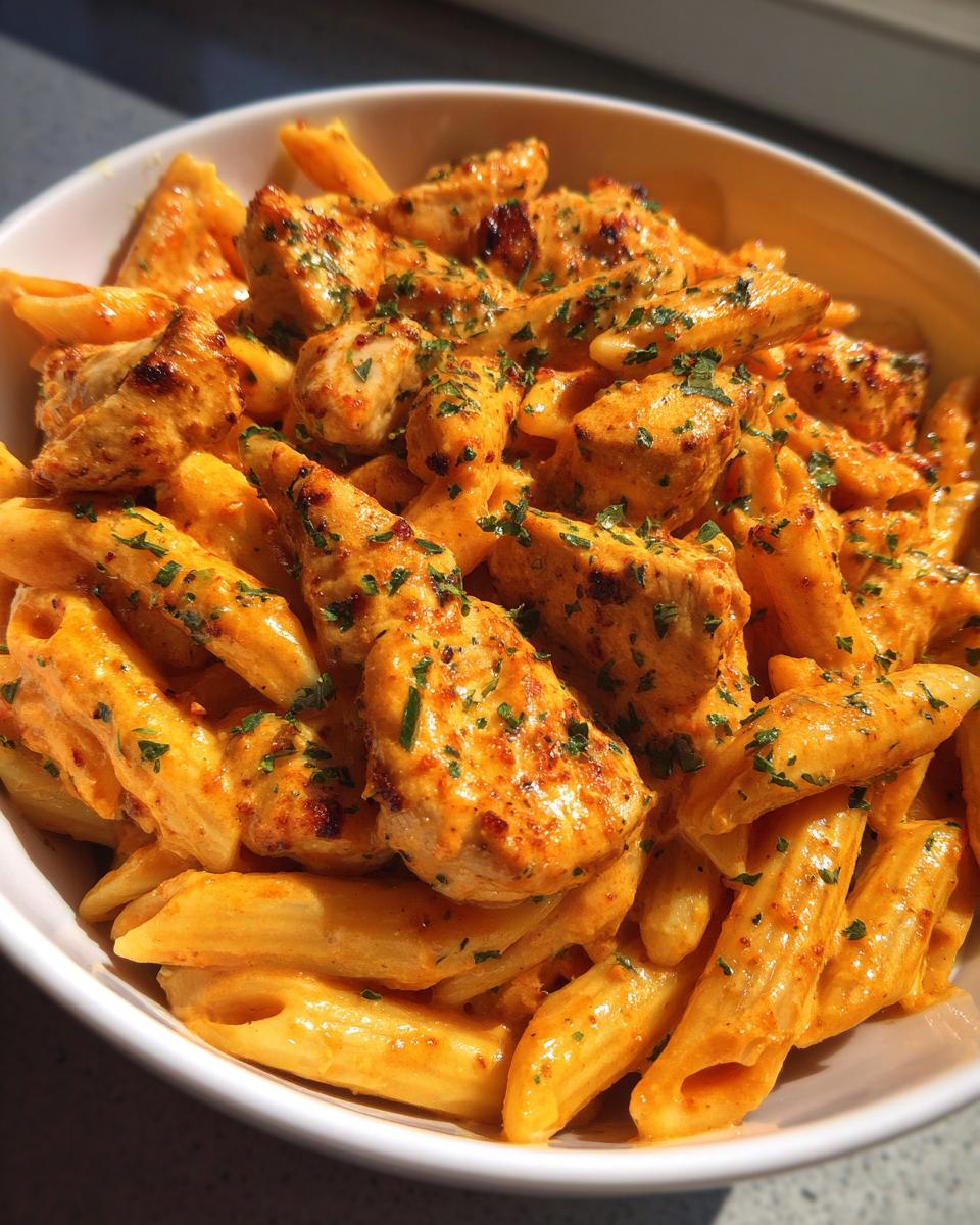 A close-up shot of rich, orange-hued creamy cajun chicken pasta with penne noodles and seasoned chicken pieces, garnished with parsley.