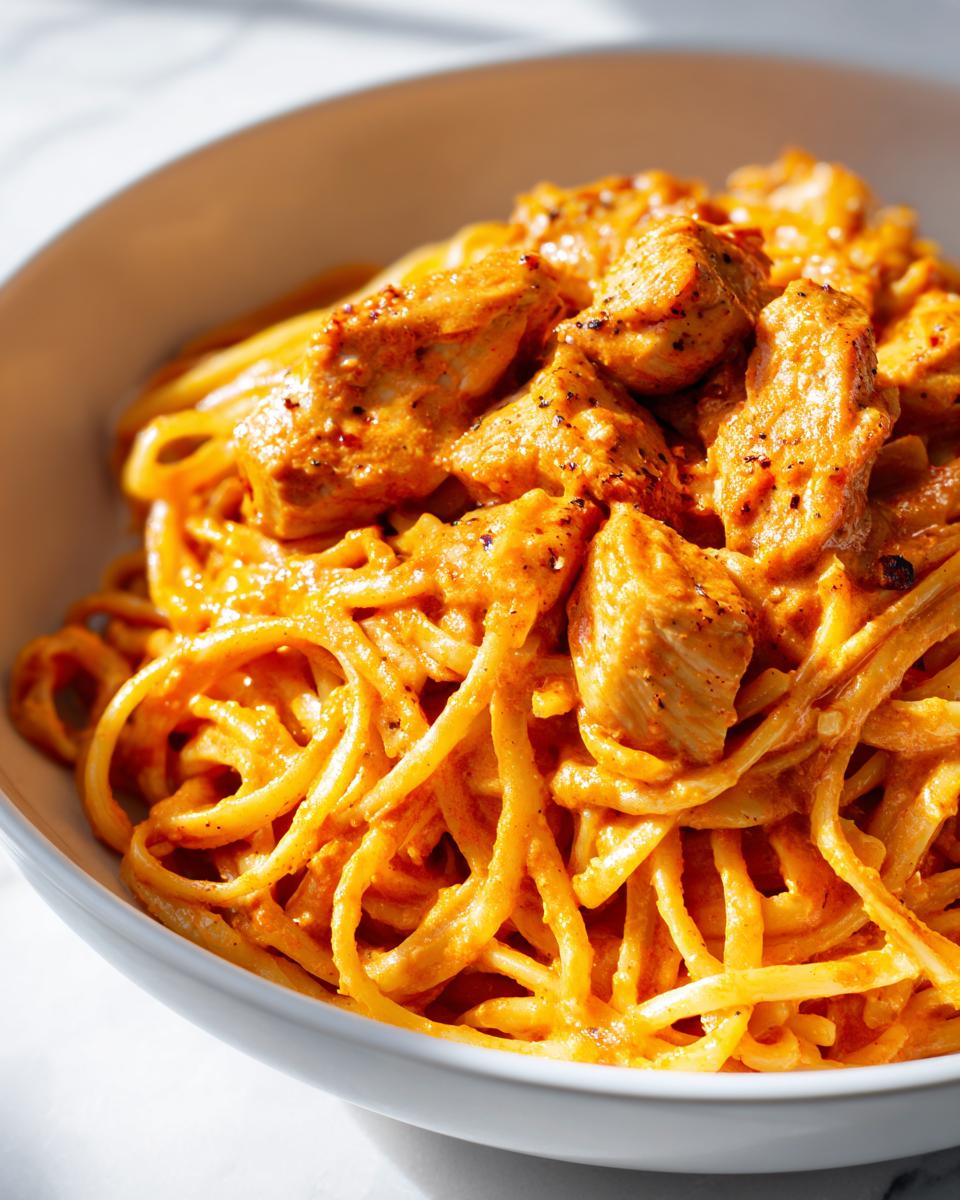 A close-up shot of creamy cajun chicken pasta featuring linguine coated in a rich, orange sauce with chunks of seasoned chicken breast.