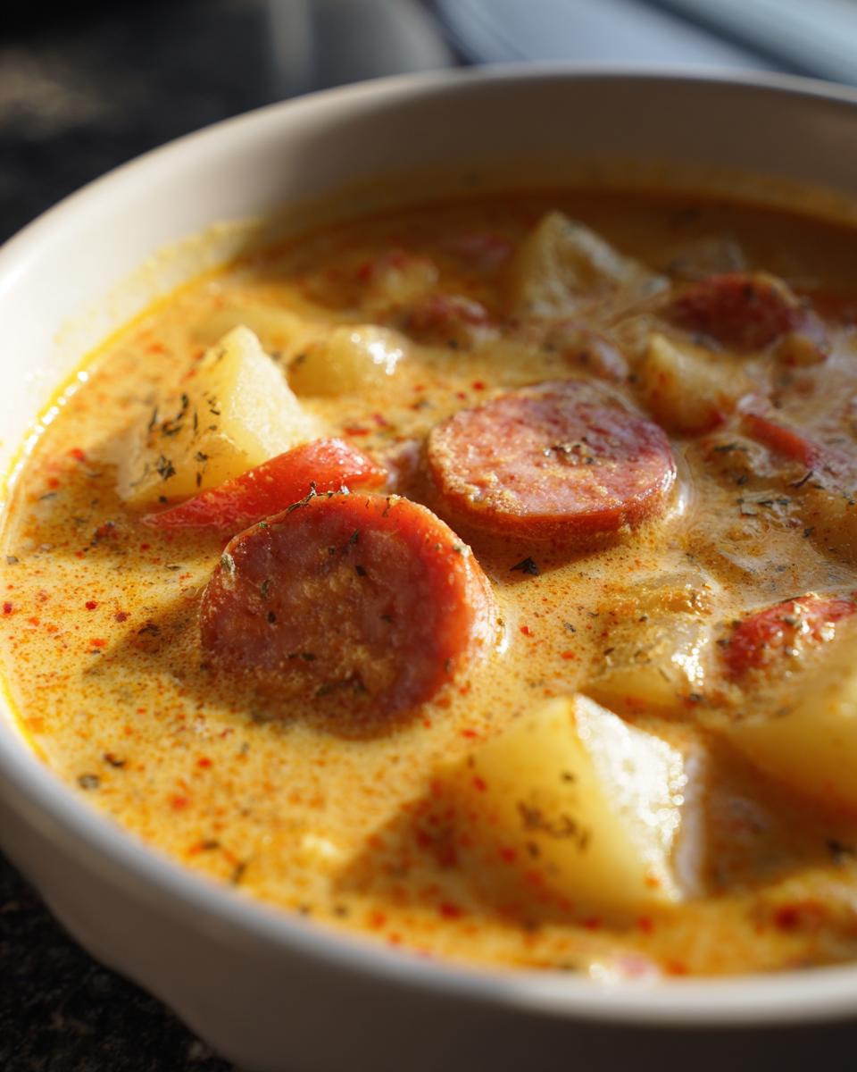 Close-up of creamy Cajun potato soup featuring chunks of potato and slices of smoked sausage.