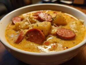 Close-up of a hearty bowl of Cajun potato soup, featuring chunks of potato and slices of smoked sausage in a creamy, spiced broth.