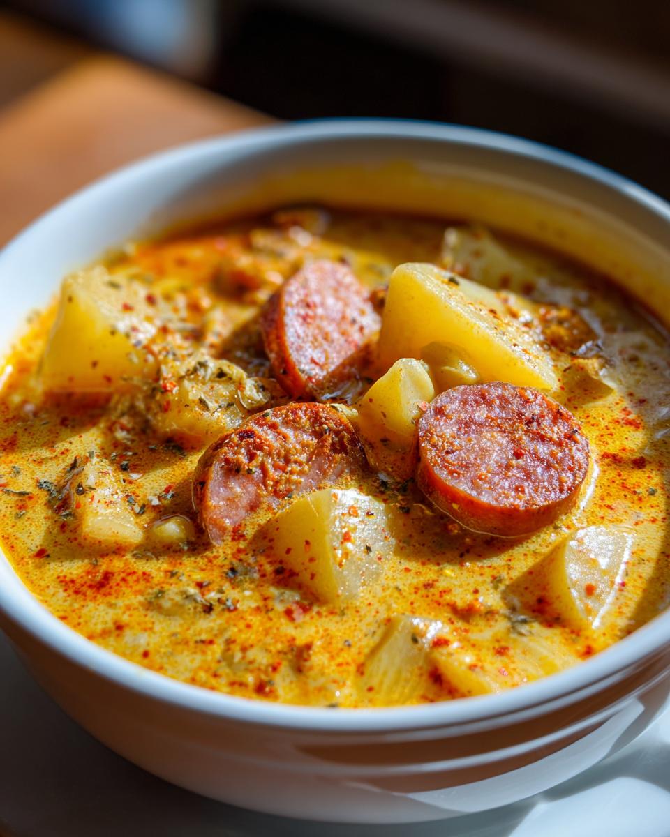 Close-up of a bowl of rich, creamy Cajun potato soup featuring chunks of potato and slices of andouille sausage.