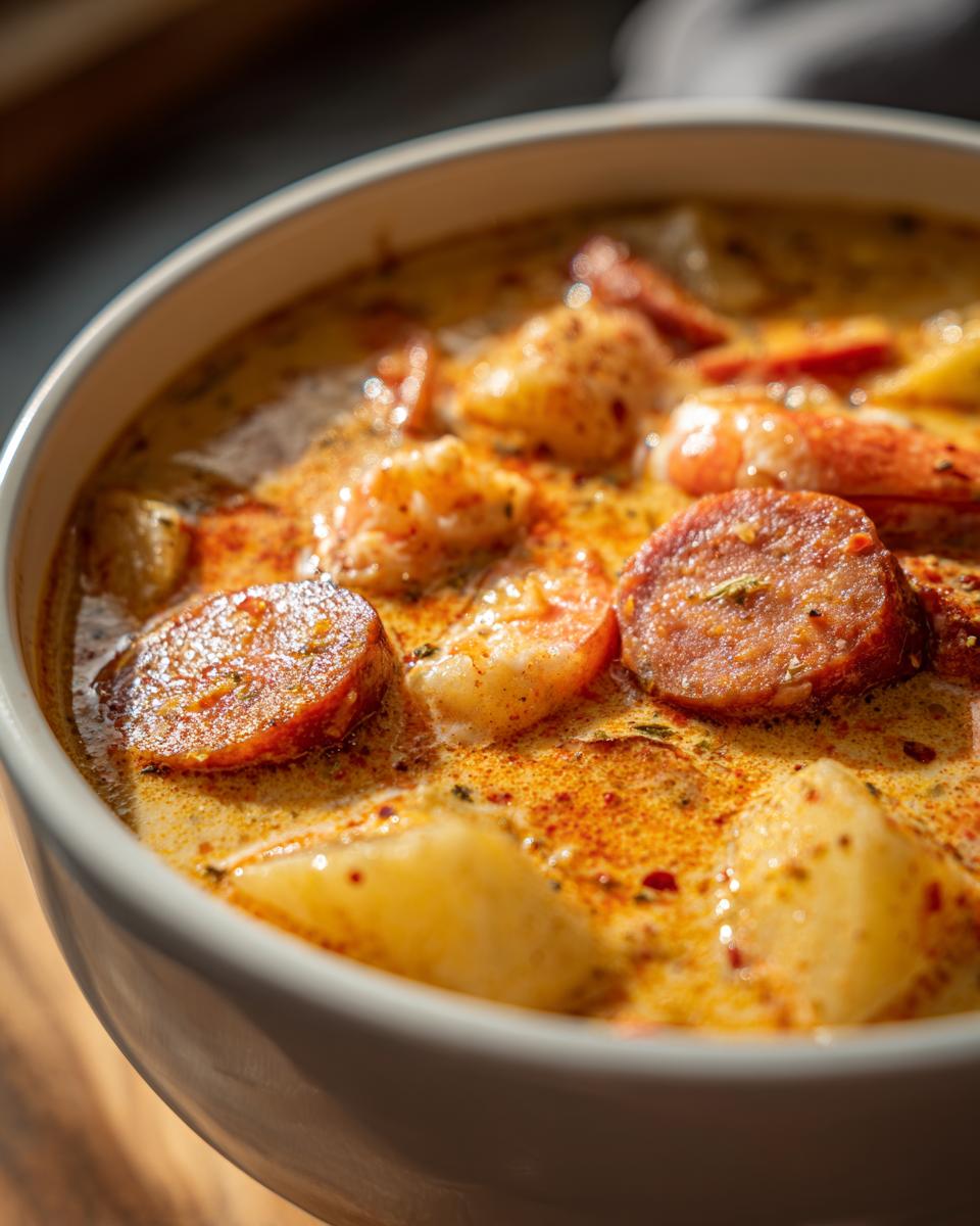 Close-up of a bowl of creamy Cajun potato soup featuring chunks of potato and slices of spicy andouille sausage.