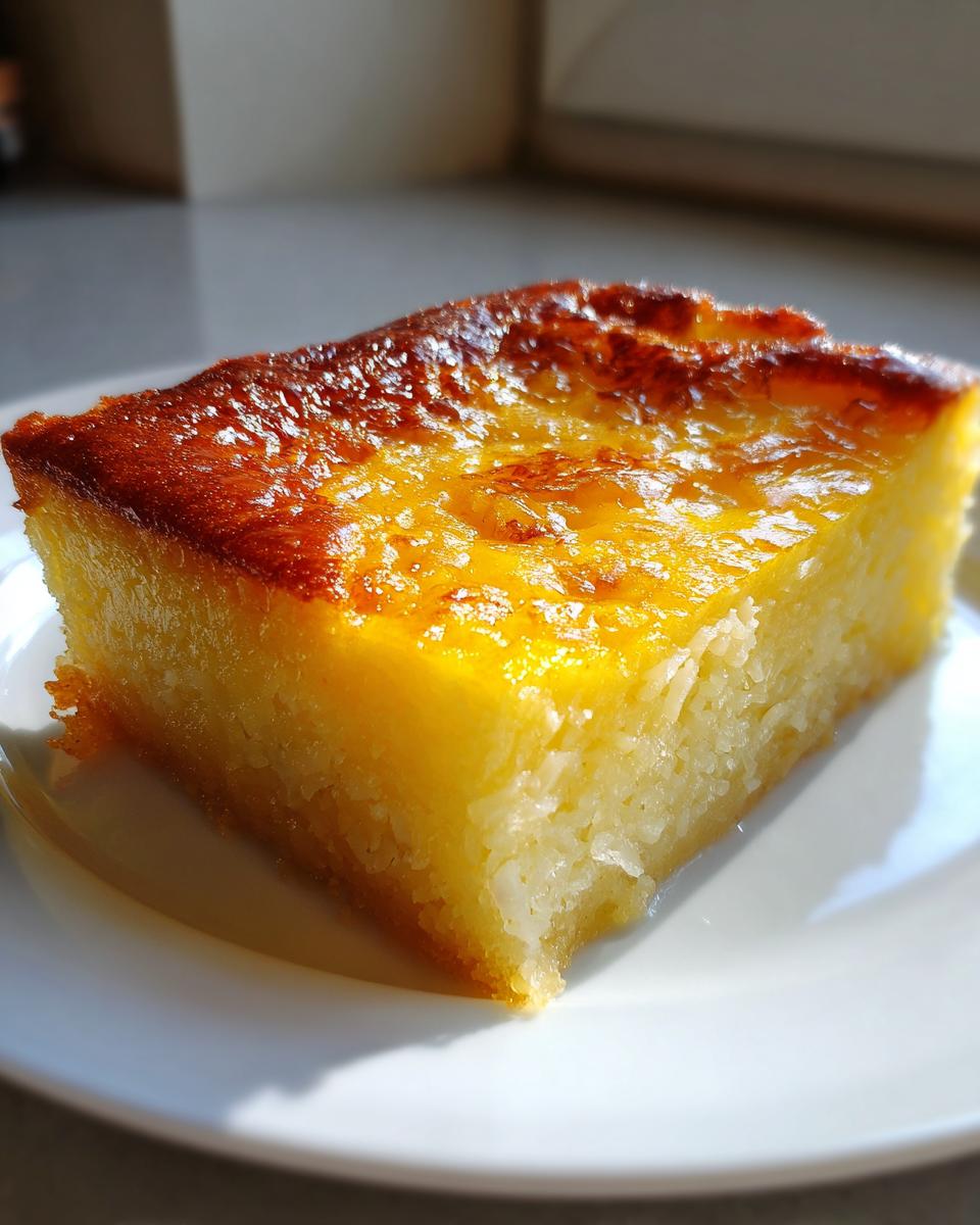 Close-up of a single, creamy cassava cake slice with a beautifully caramelized, golden-brown top, served on a white plate.