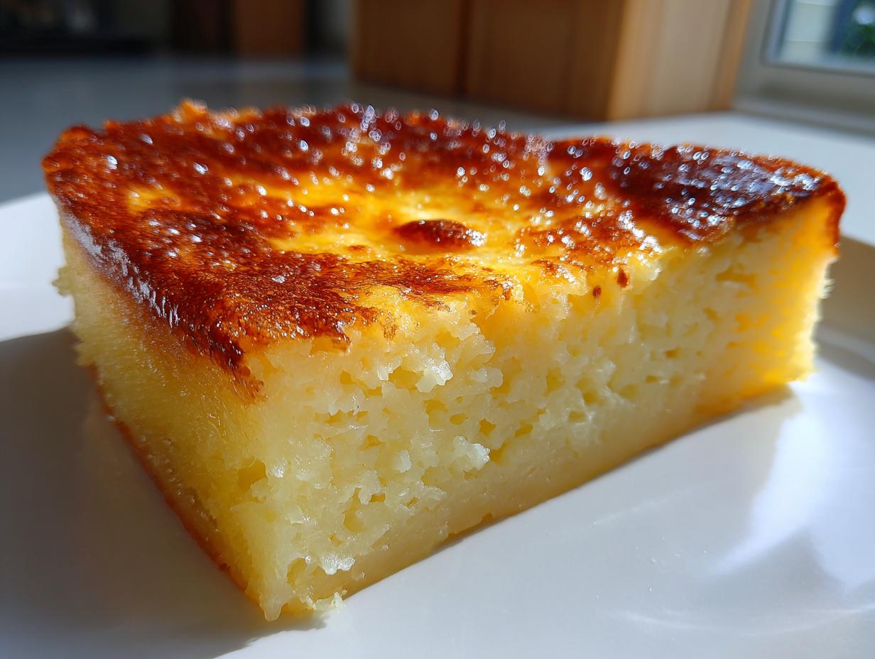 A close-up of a single slice of creamy cassava cake showing the grated texture and a deeply caramelized, glossy top.