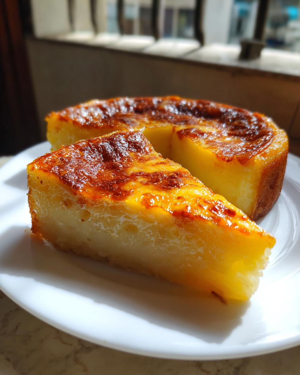 A slice of creamy cassava cake with a beautifully caramelized, golden-brown top, resting next to the rest of the round cassava cake.