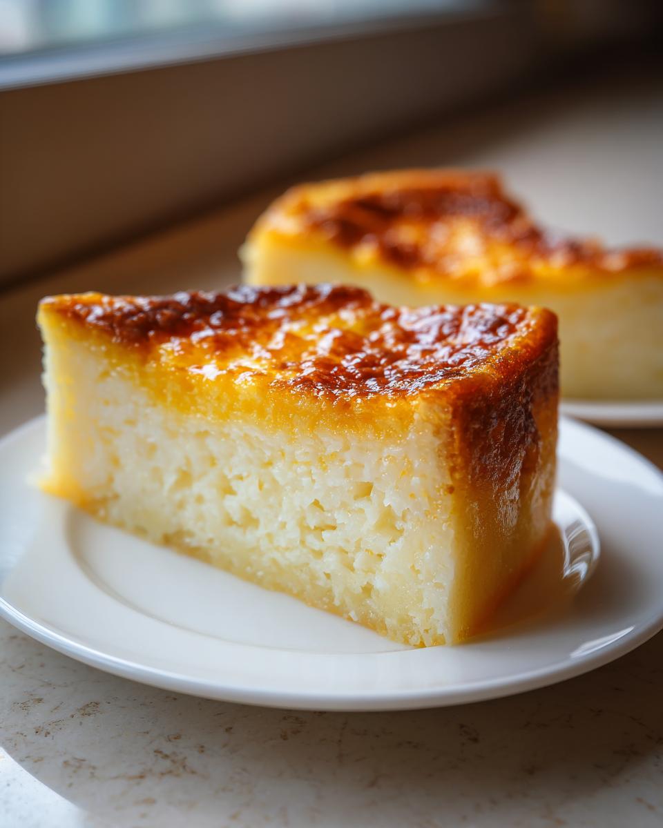 Close-up of a creamy cassava cake slice on a white plate, featuring a richly browned, glossy top.