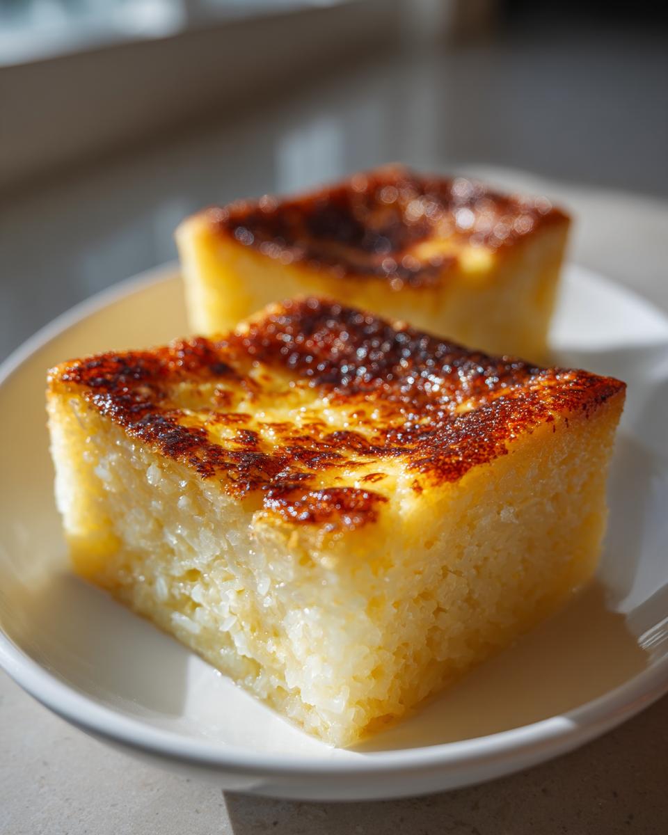 Two squares of creamy cassava cake with a beautifully caramelized, browned top, served on a white plate.