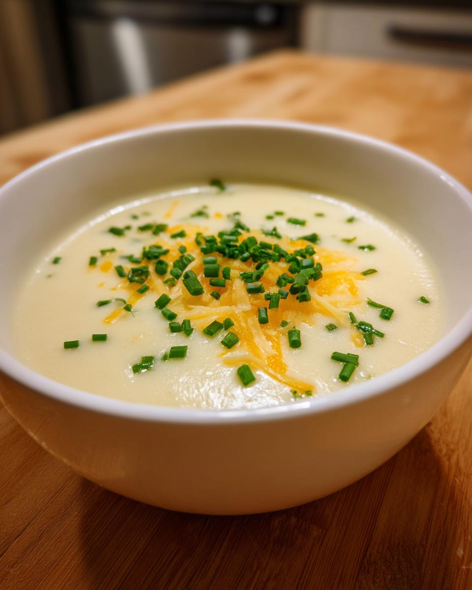 Close-up of a bowl of creamy cauliflower soup garnished with shredded cheddar cheese and fresh chopped chives.