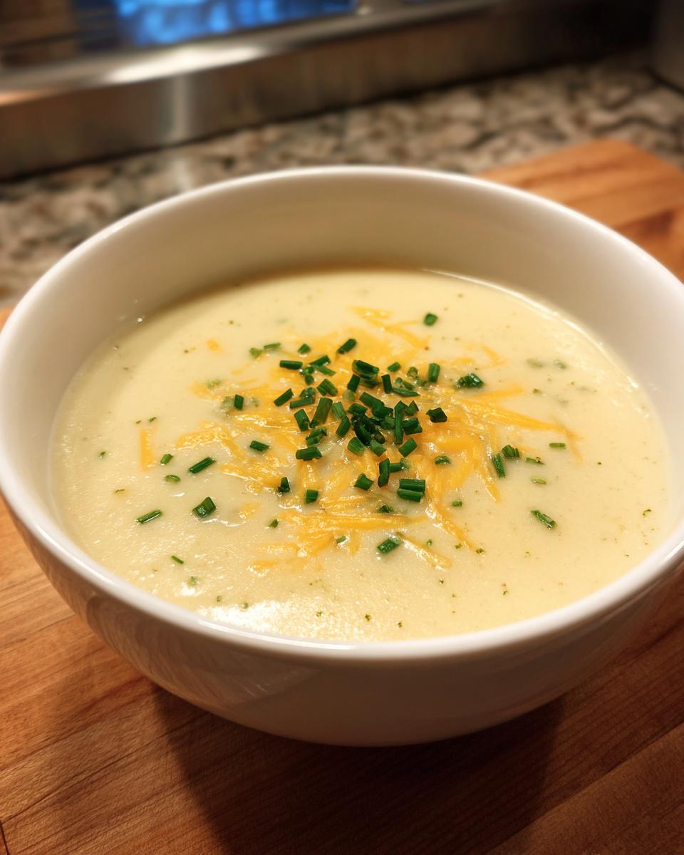 A close-up of a bowl of creamy cauliflower soup topped with shredded cheddar cheese and fresh chopped chives.