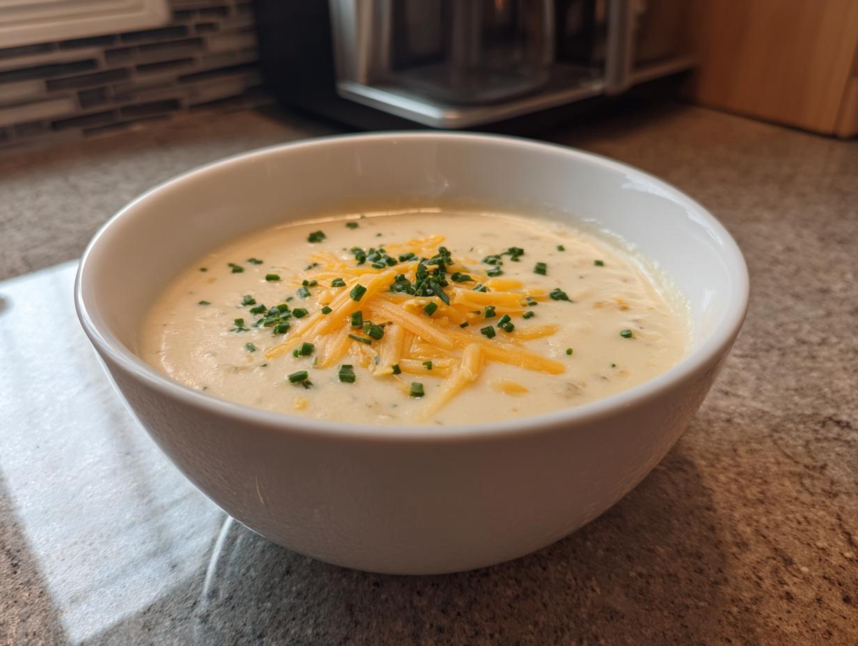 A close-up of a white bowl filled with creamy cauliflower soup, topped with shredded cheddar cheese and fresh chopped chives.
