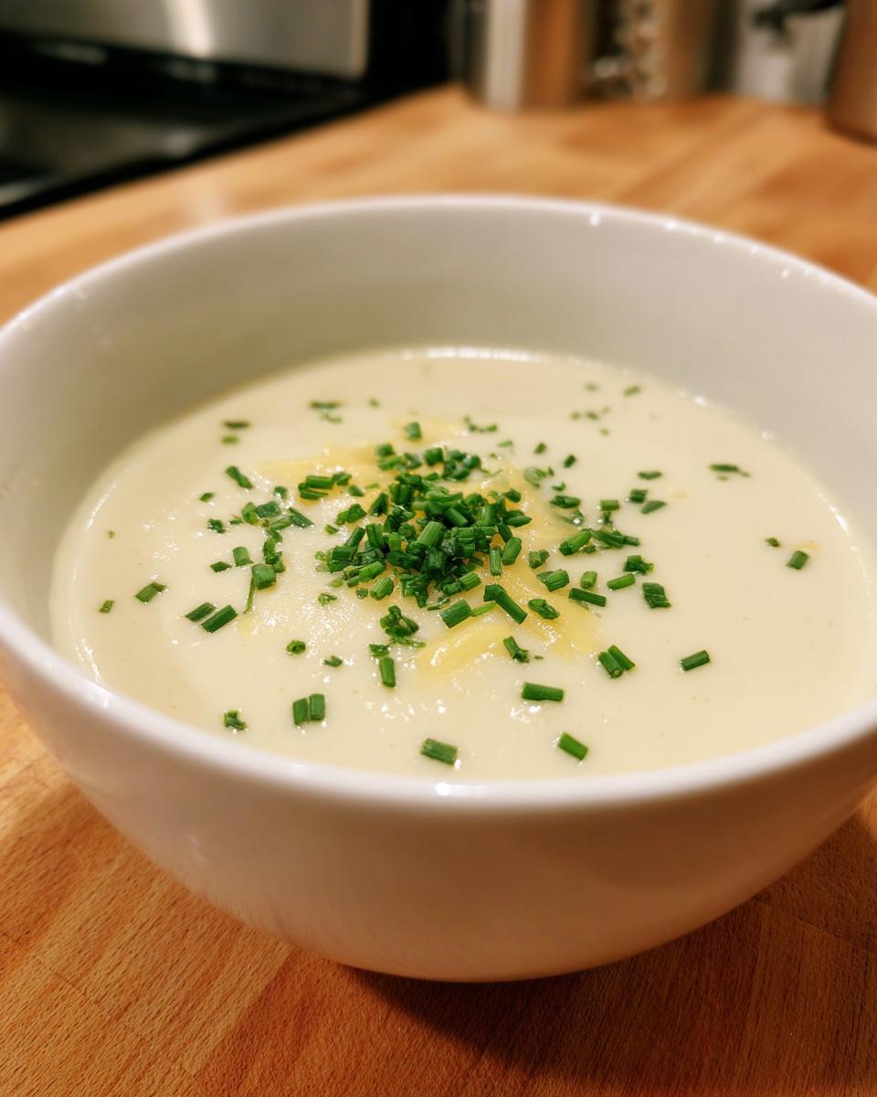 A close-up of a bowl of creamy cauliflower soup garnished with shredded cheese and fresh chopped chives.