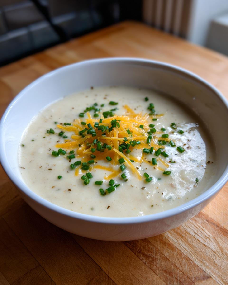 A close-up of a bowl of creamy cauliflower soup garnished with shredded cheddar cheese and fresh chopped chives.