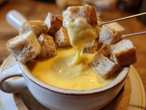 Close-up of crusty bread cubes being dipped into a pot of melted, creamy cheese fondue recipe.