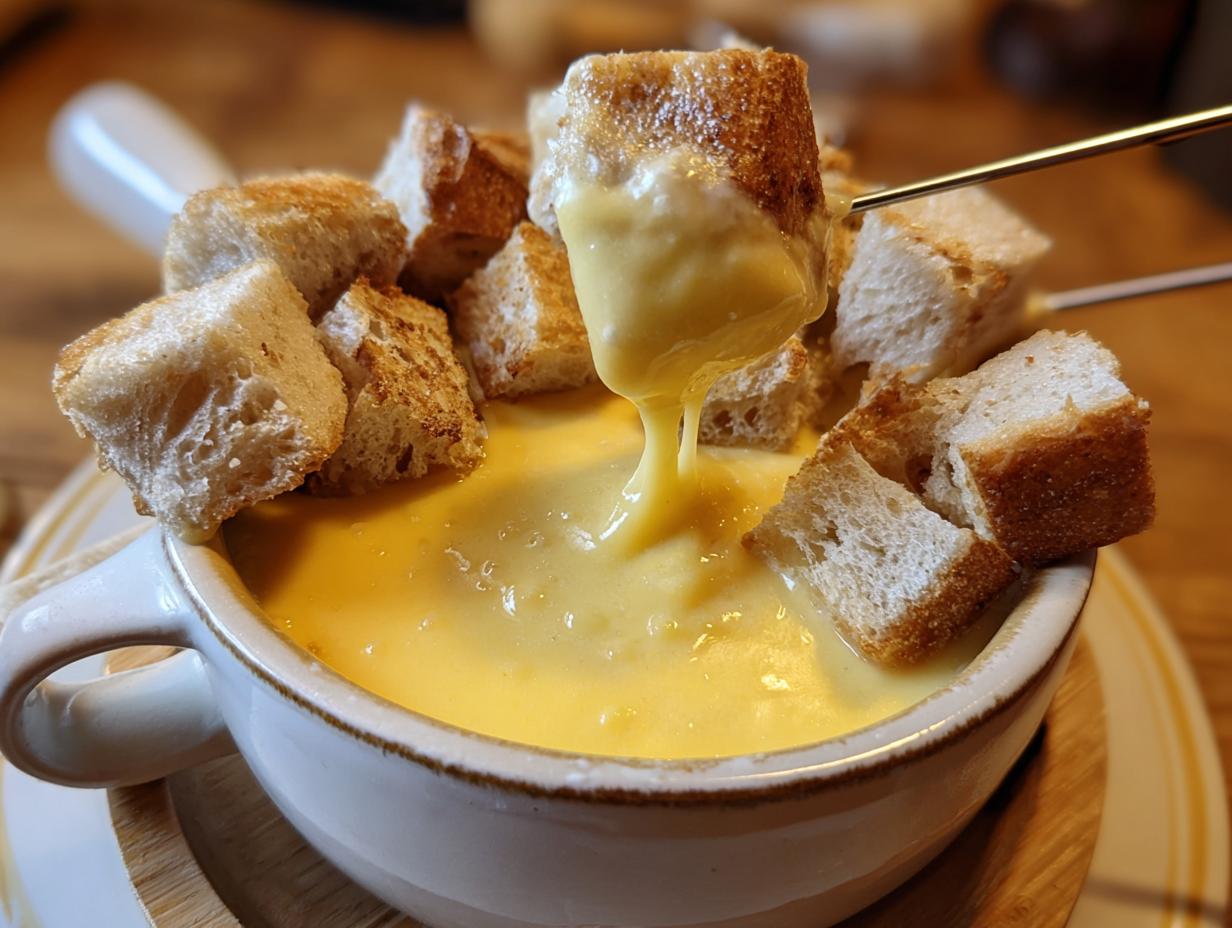 Close-up of crusty bread cubes being dipped into a pot of melted, creamy cheese fondue recipe.