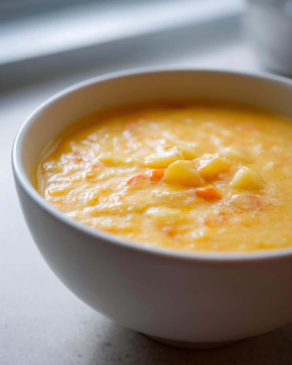 A close-up shot of a white bowl filled with thick, creamy orange cheese soup containing visible chunks of potato and carrot.