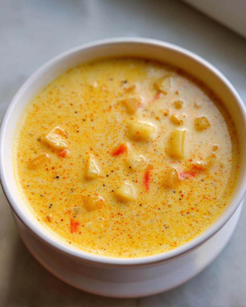 Close-up of a creamy, yellow cheese soup filled with diced potatoes and sprinkled with paprika and pepper.
