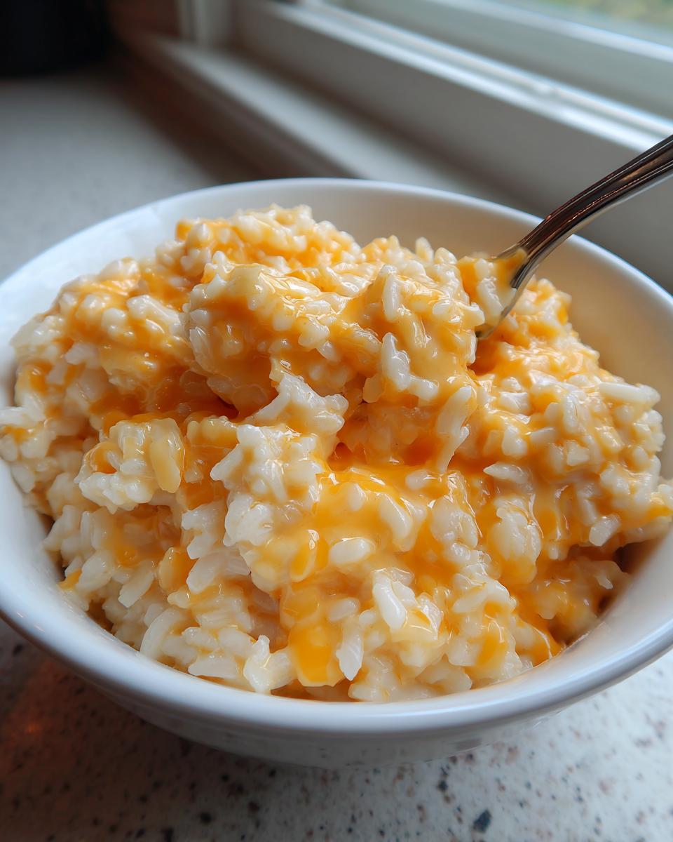 Close-up of a white bowl filled with creamy, melted cheesy rice, with a fork dipping into the serving.