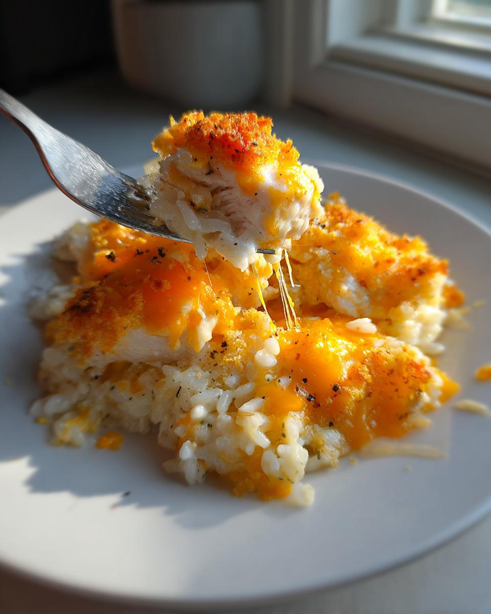 A fork lifts a cheesy, creamy piece of chicken and rice bake, showing melted cheese strings.