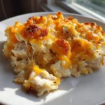A serving of creamy chicken and rice bake topped with bubbly, browned cheddar cheese.