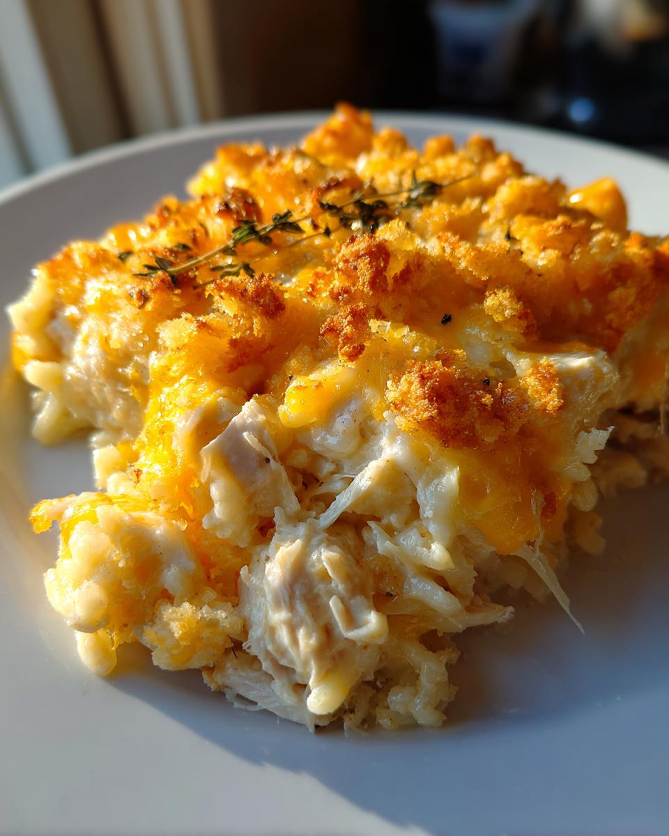 Close-up of a serving of creamy chicken and rice bake with a golden, cheesy crust and thyme garnish.