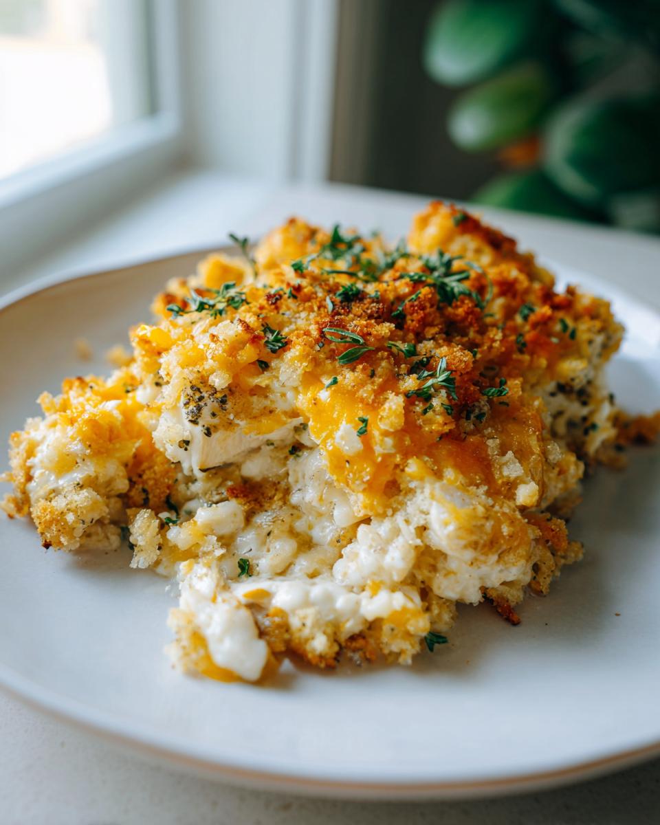 A generous serving of creamy chicken and rice bake topped with melted cheddar cheese and crispy breadcrumbs.