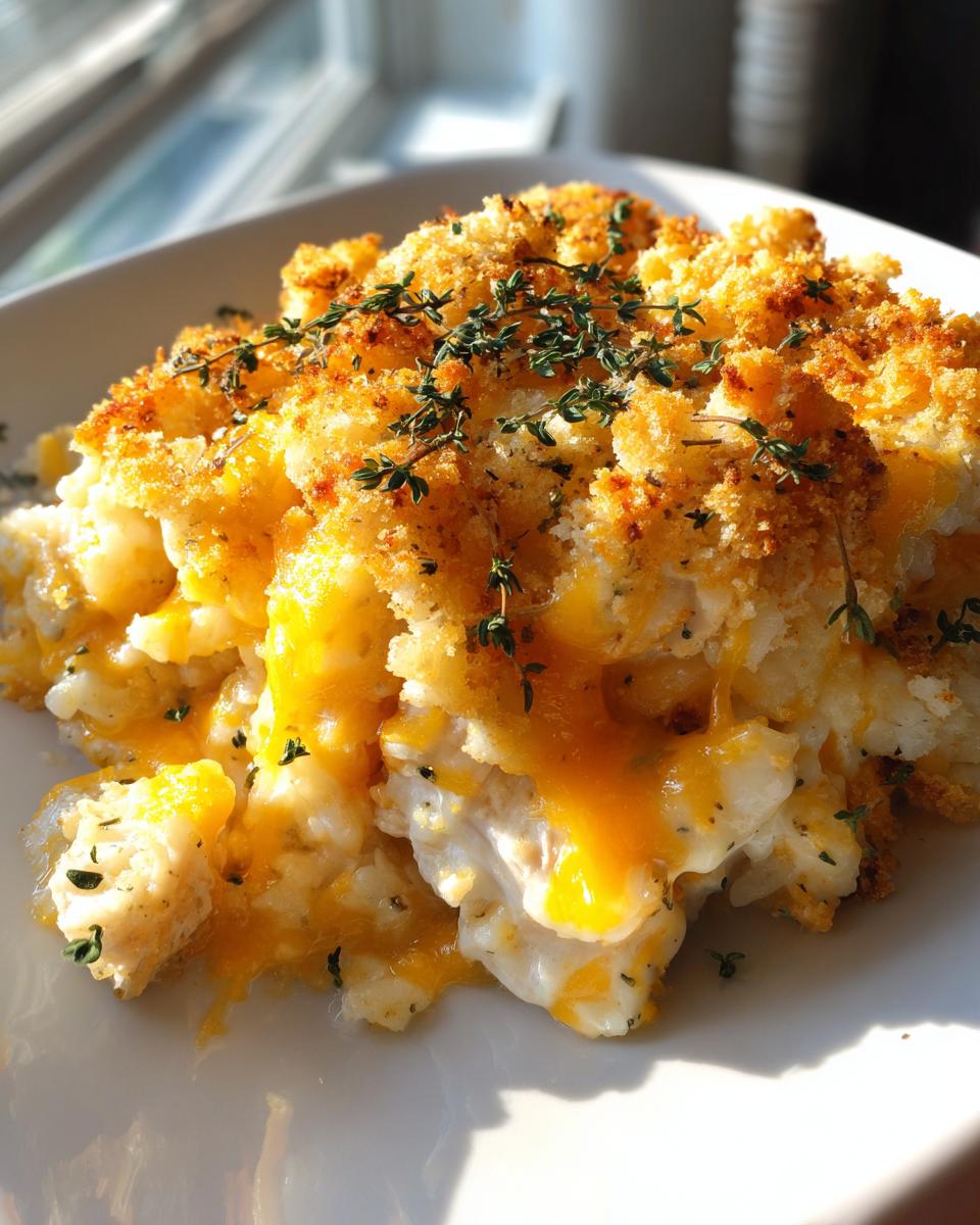 Close-up of a serving of creamy chicken and rice bake topped with melted cheddar cheese and fresh thyme.
