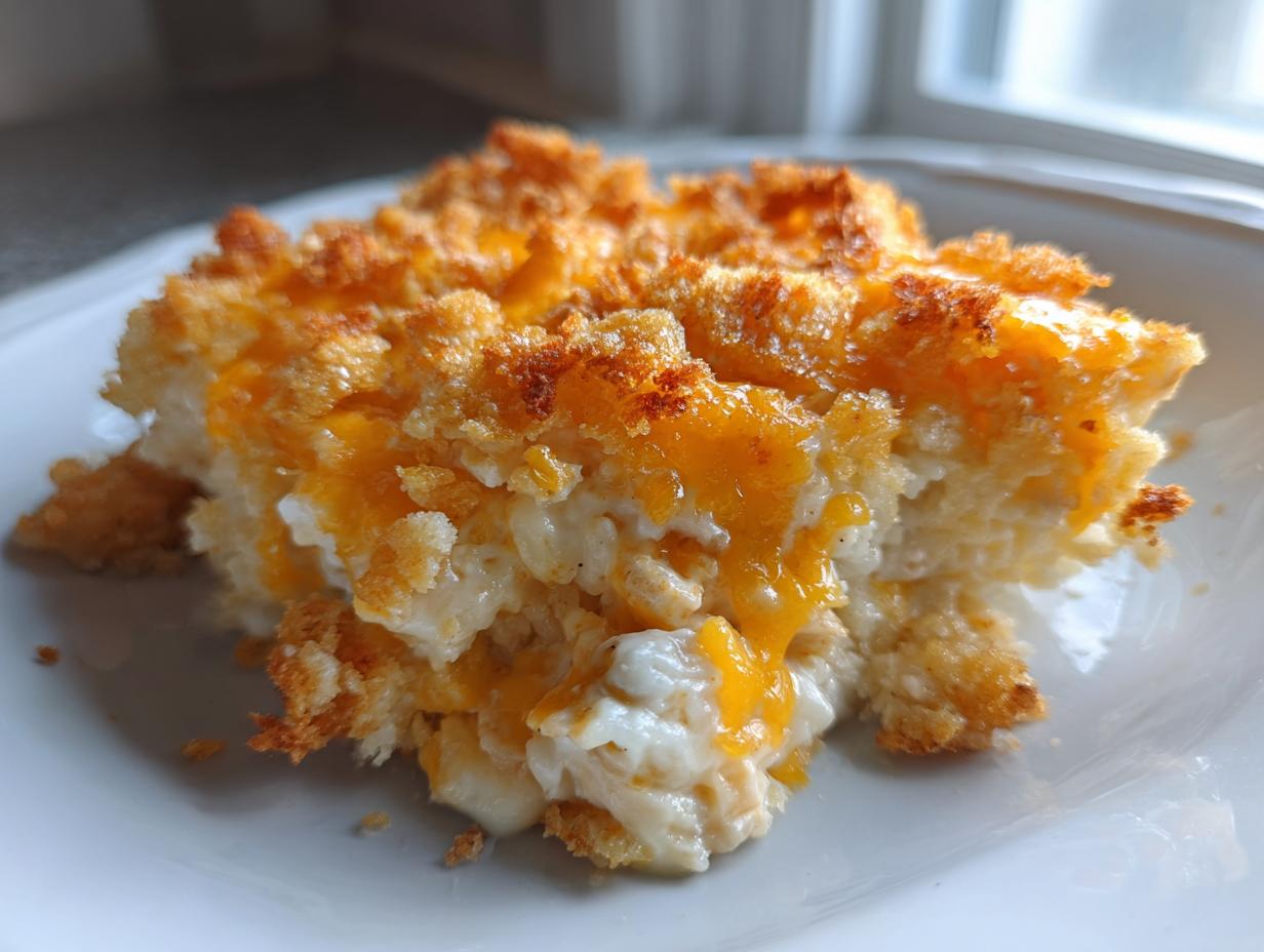 Close-up of a creamy chicken and rice bake serving topped with melted cheddar cheese and a crunchy topping.