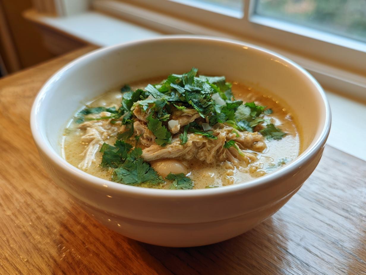 A close-up of a white bowl filled with creamy chicken chili, featuring shredded chicken and white beans, heavily garnished with fresh cilantro.