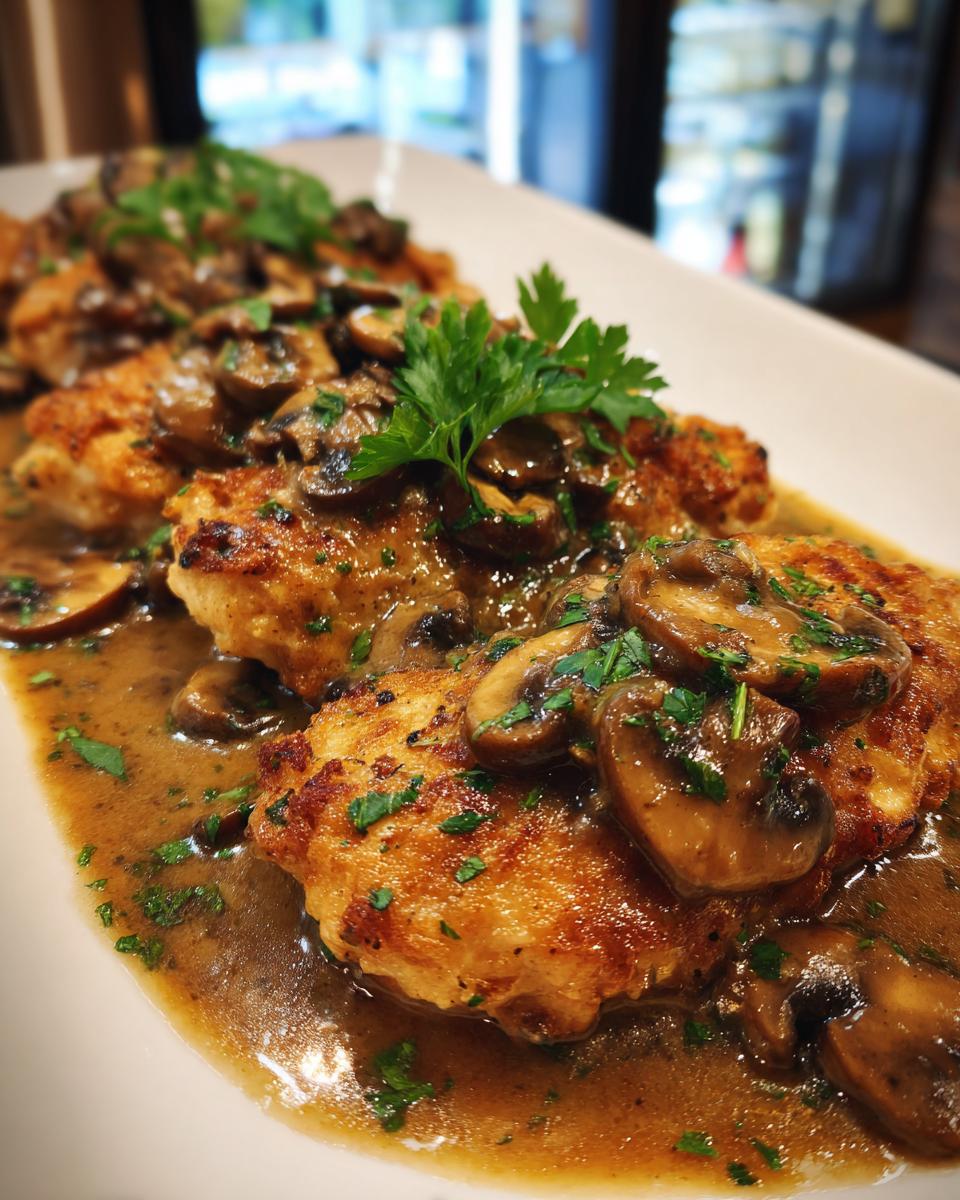 Close-up of pan-seared chicken breasts smothered in rich mushroom sauce, the signature Chicken Marsala.