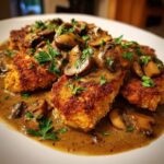 Close-up of breaded chicken pieces smothered in creamy mushroom sauce, classic chicken marsala.