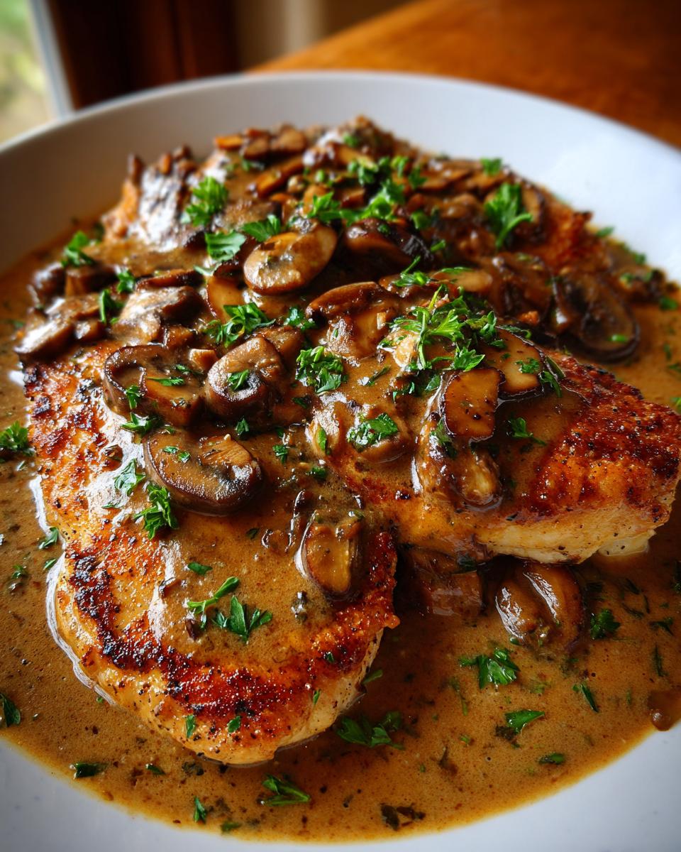 Two golden-brown chicken cutlets smothered in rich, creamy mushroom sauce, garnished with fresh parsley; the perfect chicken marsala.