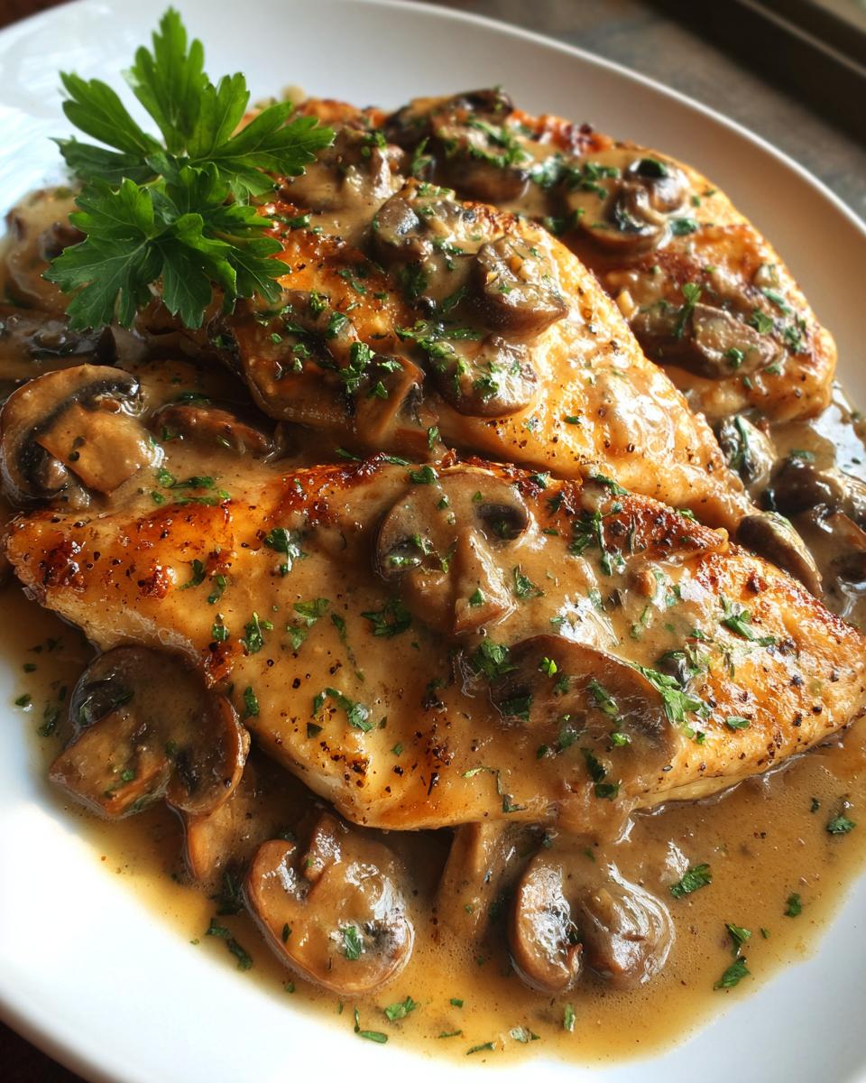 Close-up of three golden chicken breasts smothered in creamy mushroom sauce, garnished with parsley for a perfect chicken marsala.