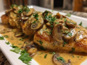 Three pieces of golden-brown chicken covered in a rich, creamy mushroom sauce, representing delicious chicken marsala.