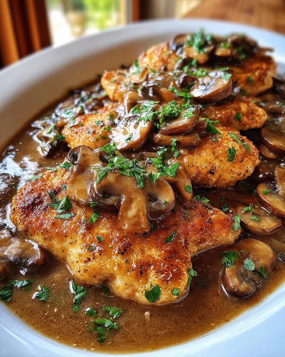 Close-up of golden pan-fried chicken breasts smothered in a rich brown sauce with sliced mushrooms, garnished with parsley, classic chicken marsala.