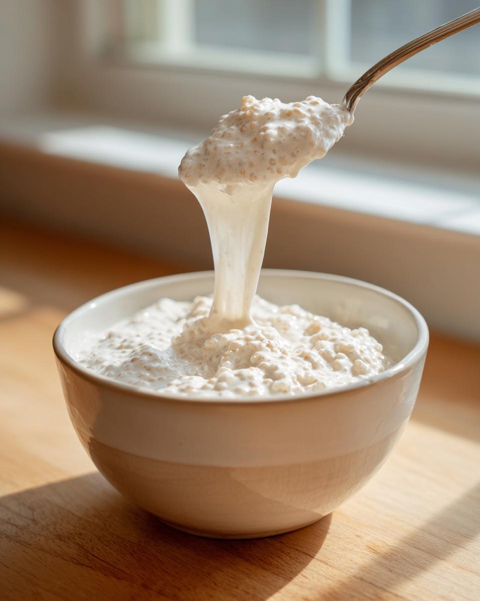 A spoonful of creamy coconut chia pudding showing its thick, gelatinous texture as it drips back into the bowl.