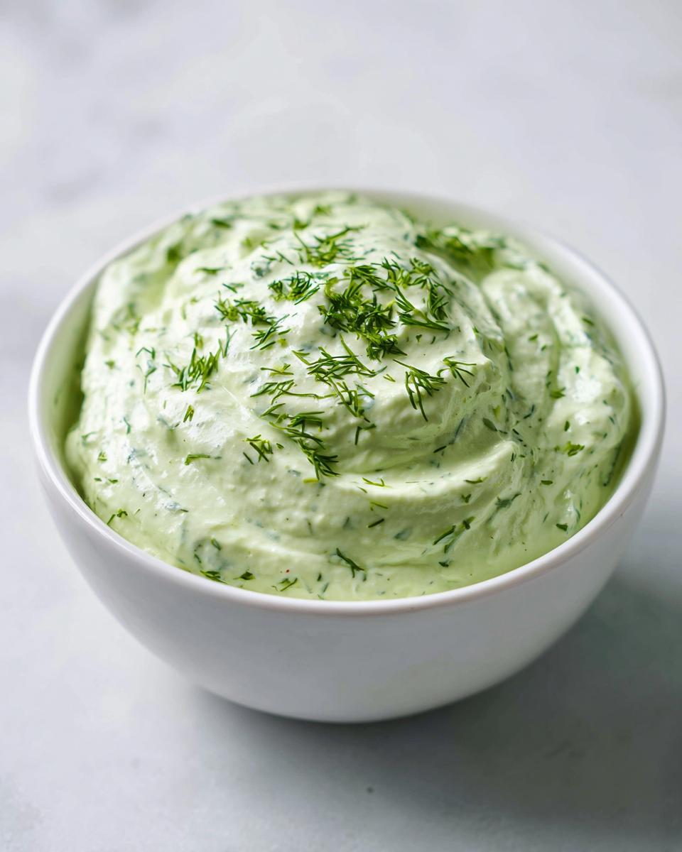 Close-up of a creamy, light green dill dip topped with fresh chopped dill in a white bowl.