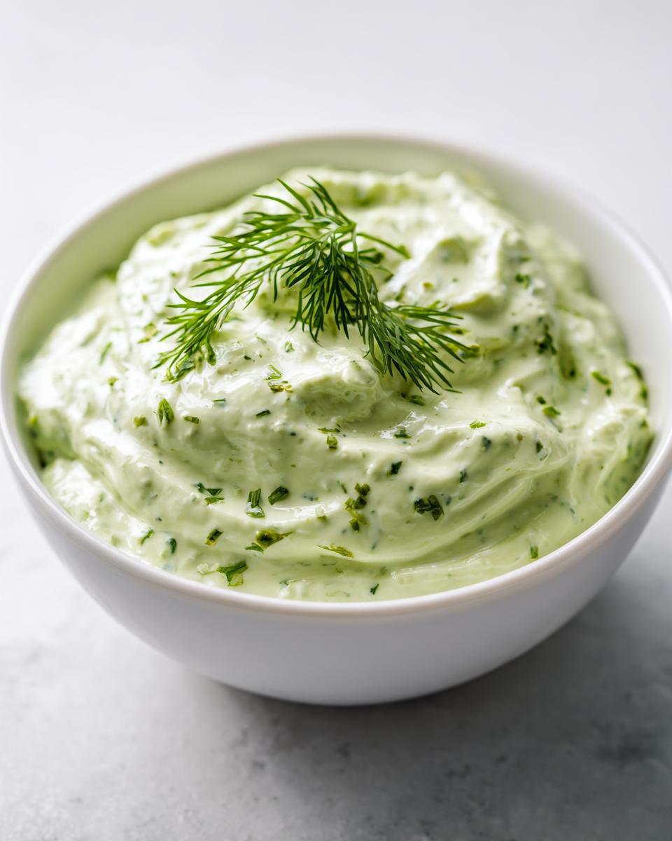 Close-up of a creamy, light green dill dip garnished with fresh dill sprigs and chopped herbs in a white bowl.