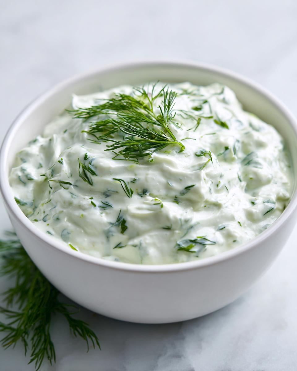 Close-up of creamy homemade dill dip generously garnished with fresh dill sprigs.