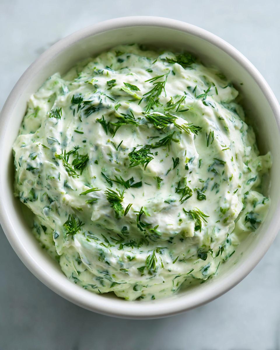 Close-up, overhead shot of creamy homemade dill dip loaded with fresh green herbs in a white serving bowl.