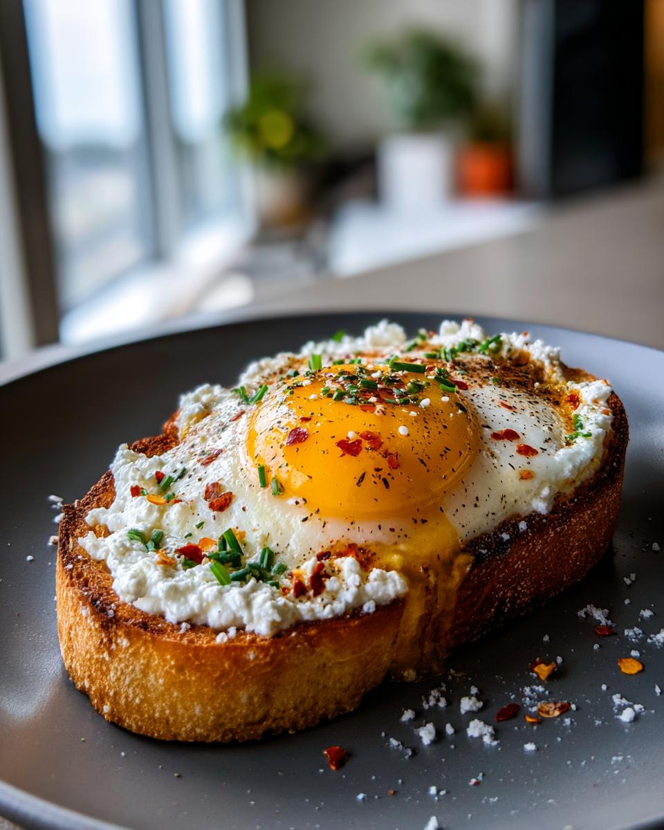 Close-up of creamy egg toast topped with ricotta cheese, a runny sunny-side-up egg, and sprinkled with chives and chili flakes.