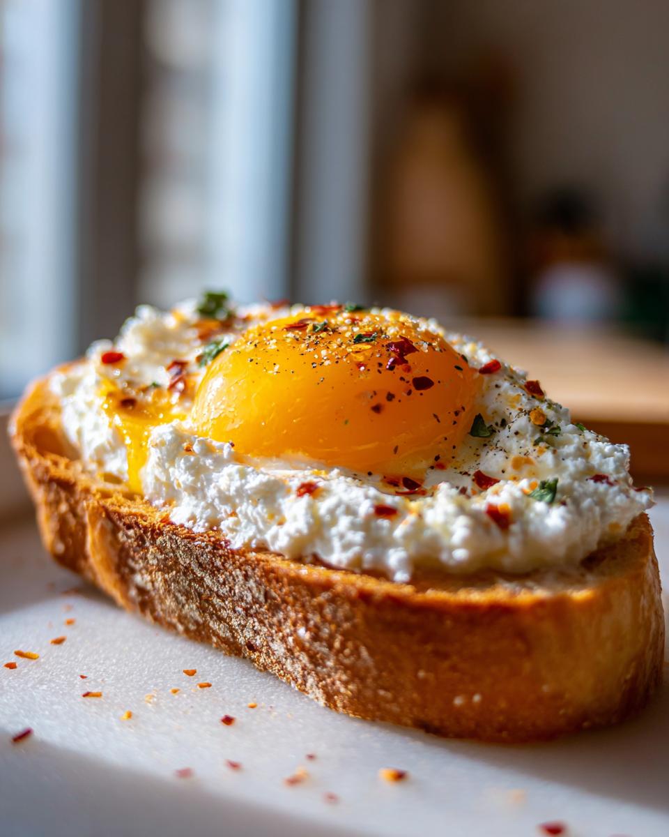 A close-up of creamy egg toast topped with ricotta cheese, a sunny-side-up egg yolk, and chili flakes.