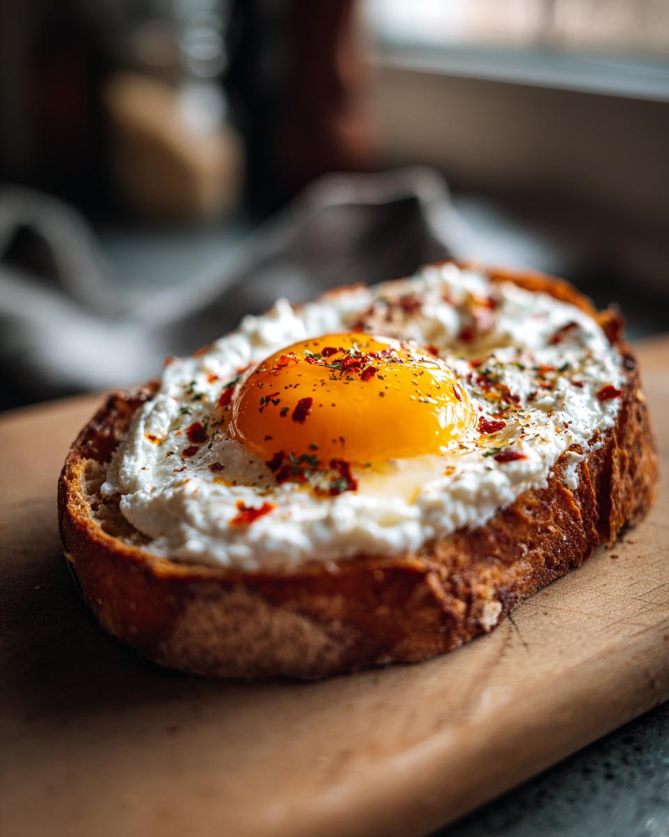 A single slice of creamy egg toast featuring a bright, runny egg yolk atop white cheese spread and sprinkled with chili flakes.
