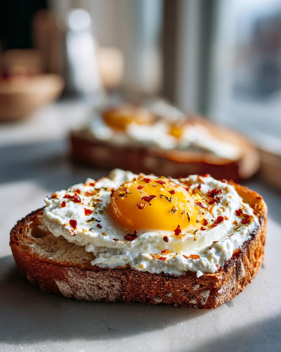A close-up of creamy egg toast featuring a sunny-side-up egg over white spread, sprinkled with red pepper flakes.